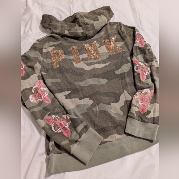 Victoria's Secret PINK Bling Zip Hoodie - Camo, Orchids & Rose Gold Sequin Logo - Picture 8 of 10